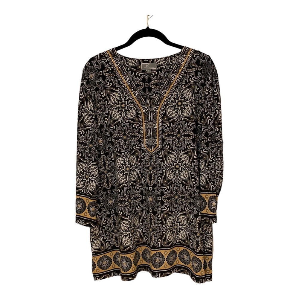 JM Collection Black Gold Tunic Dress Jewels Gold Trim 3/4 Sleeves Sz XL